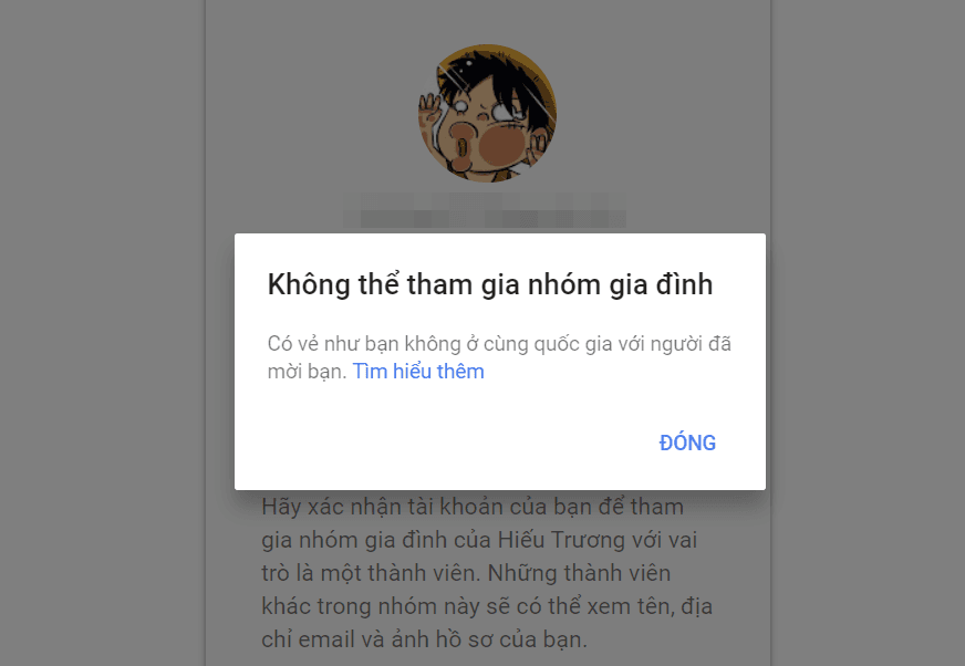 Lỗi không thể tham gia nhóm gia đình Google