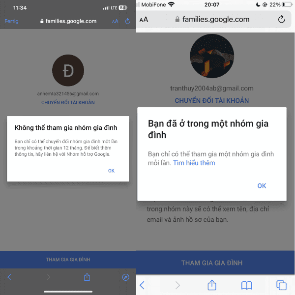 Lỗi tài khoản bị giới hạn tham gia Google Family
